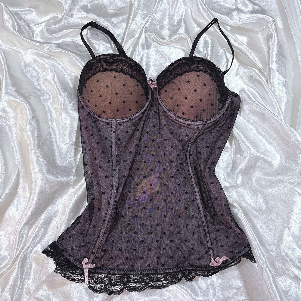 y2k Blanco Lingerie Corset Top Black Polka Dot Mesh Lace Bows 34B
